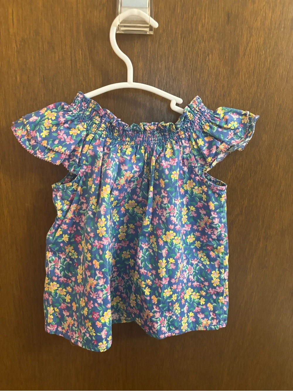 Ralph Lauren Blue Floral Smocked Shoulder Button-Front Top